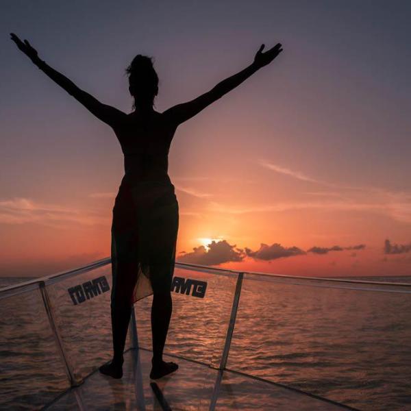 a person standing in front of a sunset over a body of water