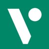White stylized V and dot on green background.